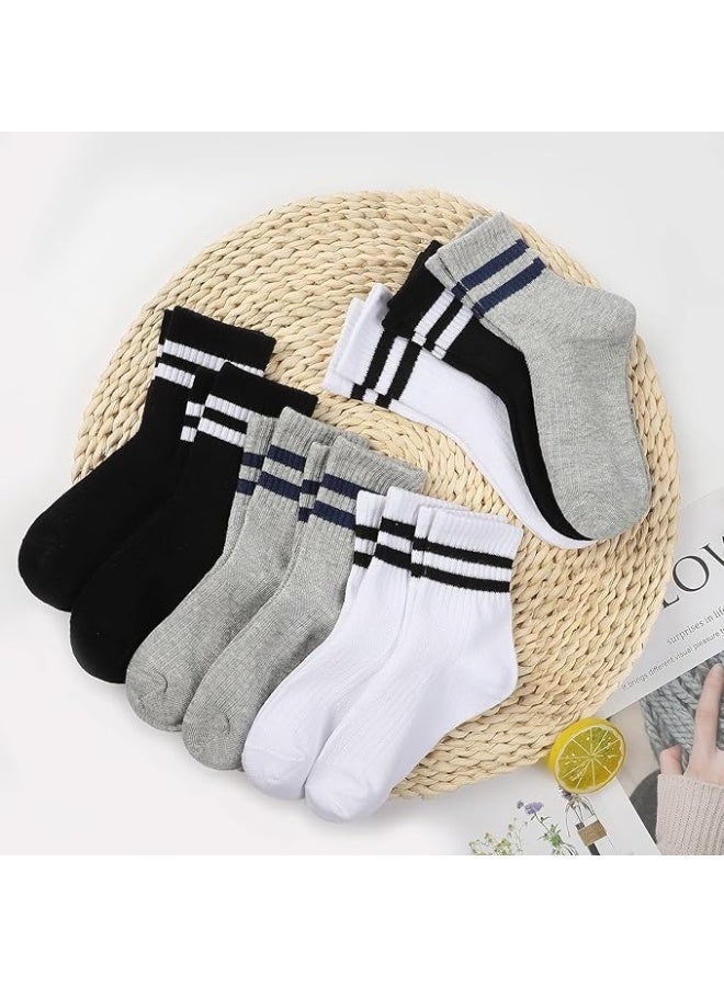 ChicAbode Kids Socks 9 Pairs, Sports Cushioned Crew Socks for Boys Girls, Black White Grey Striped Cotton School Athletic 7-10 Years - Image 4